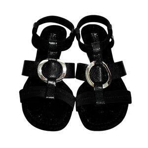 Alfani black wedge heel sandals stretch uppers silvertone ring details US 8M